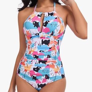 NWT Smismivo Multi Color Tummy Control Rushed Curvy Halter Swimsuit Bating Suit
